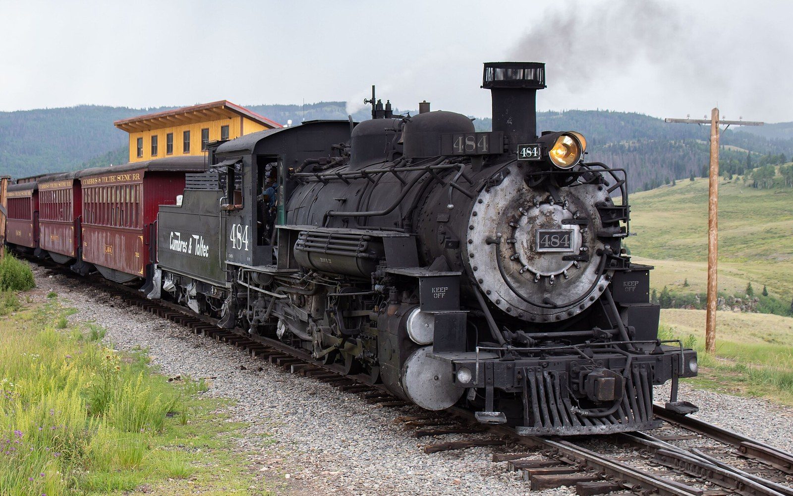 Cumbres & Toltec 484 at Osier — a Baldwin K-36, sister to the Durango engines, on the Chama–Antonito line.