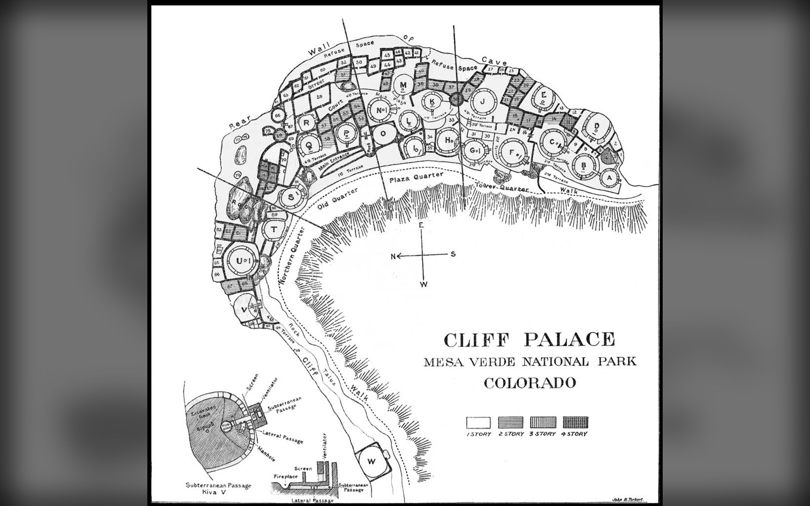 The Cliff Palace ground plan. Wetherill and Mason came over the rim on 18 December 1888.