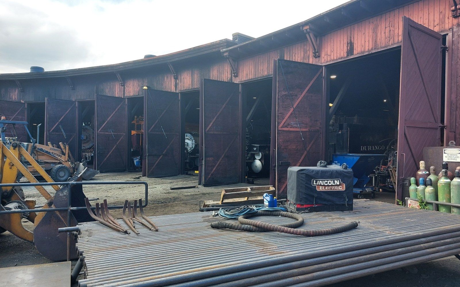 The Durango roundhouse from the yard side, rebuilt and expanded after the February 1989 fire.